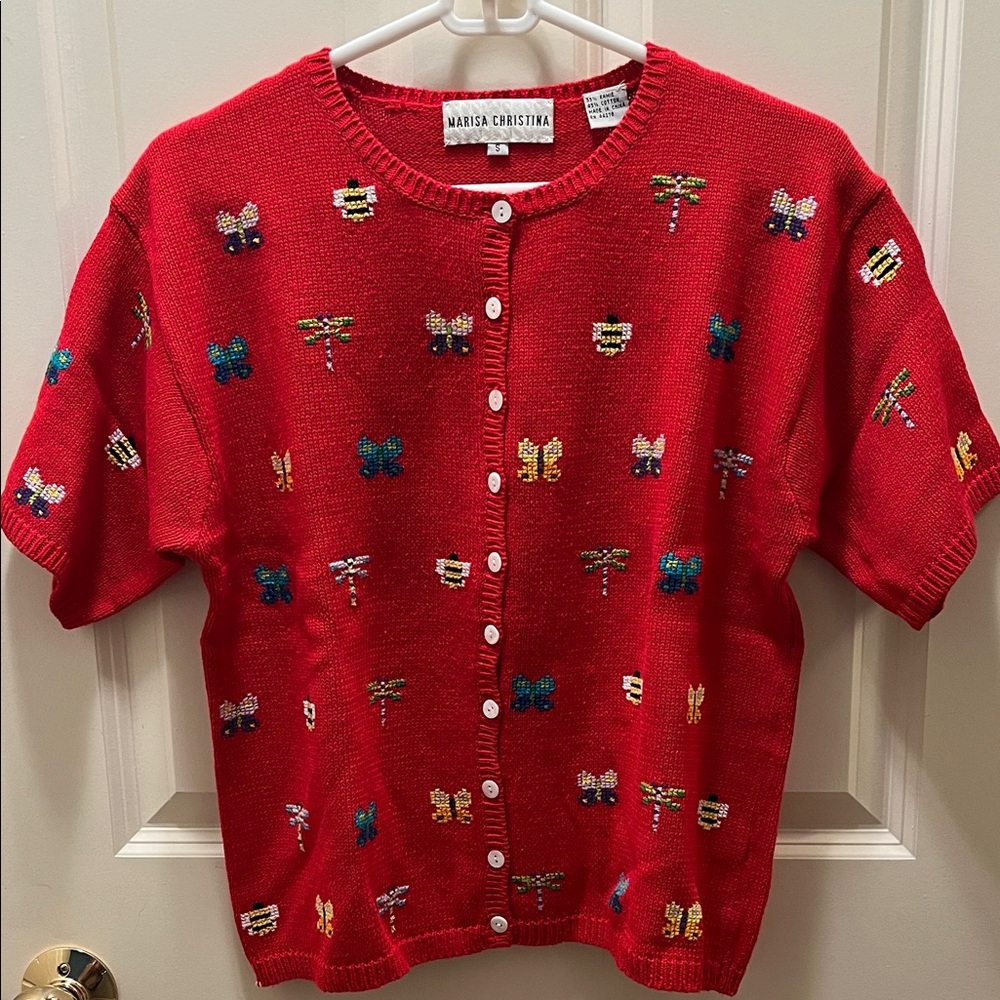 Marisa Christina Red Sweater with Colorful Embroidery